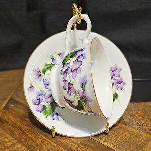 Floral Purple and White Tea Cup and Saucer Set - Avon February 1991